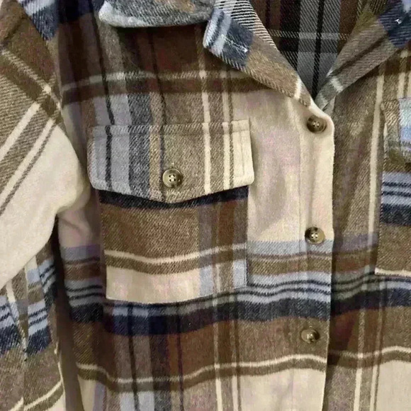 BLUE B Tan/Blue/Cream PLAID Mid-Weight Flannel BUTTON-UP Shirt Jacket Shacket S - Picture 2 of 4